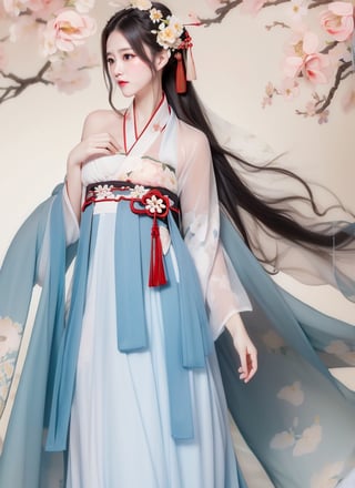 1 (slim:1.4) traditional beauty, elegant, charming, wearing (hanfu), (breast-high ru skirt:1.2), warm color dressing style, sheer, look through, black hair, delicate accessory, (solo:1.5), (close look:1.1), masterpieces, best quality, high resolution, bright scene, soft color, low contrast, (ink painting floral background:1.3), (blurred background, Chinese background:1.2), ru skirt,