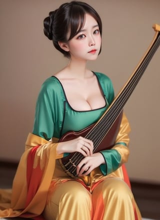1 curvy traditional lady with cleavage, (hold a Lute and playin:1.2), charming and relaxing, wearing (Tangfu:1.3), (round neck:1.2), green shirt, red and colorful skirt, embroidery, warm color dressing style, (chignon haircut), (look at viewer:1.1), (solo:1.4), masterpieces, best quality, (high resolution), sharp, bright scene, soft color, low contrast, (blurred background), 
