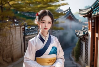 1 lady with beautiful face, wearing hanbok, elegant posture, standing in traditional korea village, stone road, traditional architecture, trees, (mist), slating shado, (solo:1.2), (upper body), masterpieces, best quality, high resolution, bright scene, soft color, dark background, blurred background 