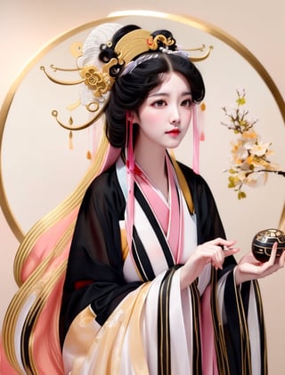 1 (slim:1.4) traditional beauty with (big breasts), elegant, charming, wearing (hanfu:1.2), (pink color dressing) style, sheer, look through, (black hair:1.8), (solo:1.3) with head, masterpieces, best quality, high resolution, bright scene, soft color, low contrast, (golden circle outline:1.1), (blurred background),