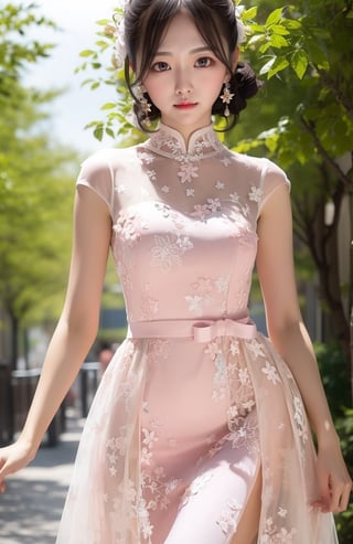 A beautifu lady with (curvy sharp), wearing (dual color dress:1.3) with (sweetheart neck:1.3), (high collar), (tullet skirt:1.1), (with head:1.1), (reveal strap inside:1.2), fine floral, fine lace, delicate necklace, hairpin, black hair, catch light, lip stain, (look at viwer), (cowboy shot), solo, from front, masterpieces, RAW, best quality, high resolution, bright scene, soft color, low contrast, outdoor background