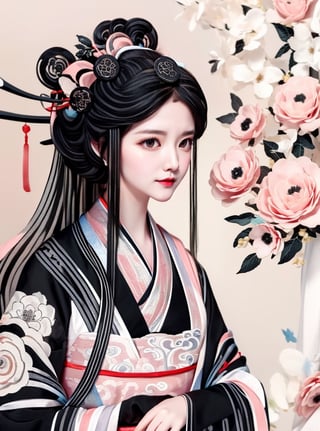 1 (slim:1.4) traditional beauty, elegant, charming, wearing (hanfu:1.2), (pink color dressing) style, sheer, look through, (black hair:1.9), (solo:1.3) with head, masterpieces, best quality, high resolution, bright scene, soft color, low contrast, (ink painting floral background), (blurred background),