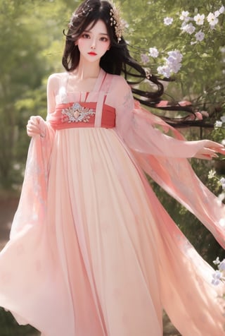 1 slim beautiful lady, elegant, charming, wearing pink (BreastHighRuSkirt), (with head:1.2), standing, black hair, delicate accessory, hair ornament, upper body,  (cowboy shot:1.3), (solo:1.1), masterpieces, best quality, high resolution, bright scene, soft color, low contrast, (floral background)