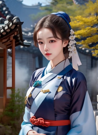 1 lady with beautiful face, wearing hanbok, elegant posture, standing in traditional korea village, stone road, traditional architecture, trees, (mist), slating shado, (solo:1.2), (upper body), masterpieces, best quality, high resolution, bright scene, soft color, dark background, blurred background 