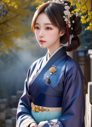 1 lady with beautiful face, wearing hanbok, elegant posture, standing in traditional korea village, stone road, traditional architecture, trees, (mist), slating shado, (solo:1.2), (upper body), masterpieces, best quality, high resolution, (bright scene:1.3), soft color, dark background, blurred background 