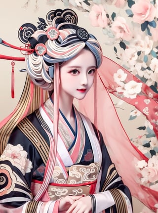 1 (slim:1.4) traditional beauty, elegant, charming, wearing (hanfu:1.2), (pink color dressing) style, sheer, look through, (black long hair:1.2), (solo:1.3) with head, masterpieces, best quality, high resolution, bright scene, soft color, low contrast, (ink painting floral background), (blurred background),