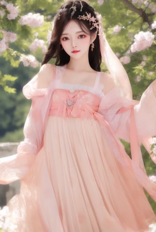 1 slim beautiful lady, elegant, charming, wearing pink (BreastHighRuSkirt), long sleeves, (with head), sheer, standing, black hair, delicate accessory, hair ornament, upper body,  (cowboy shot:1.3), (solo:1.1), masterpieces, best quality, high resolution, bright scene, soft color, low contrast, (floral background)