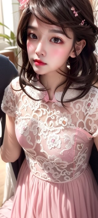 A cute student with (small face:1.3), curvy shape, wearing (pink dress:1.2) wirh (sweetheart neck:1.4), (tullet skirt), fine floral, charming, delicate necklace, hairpin, black hair, (rich hair), catch light, lip stain, from front, hands out of frame, masterpieces, best quality, high resolution, bright scene, soft color, low contrast, indoor background,