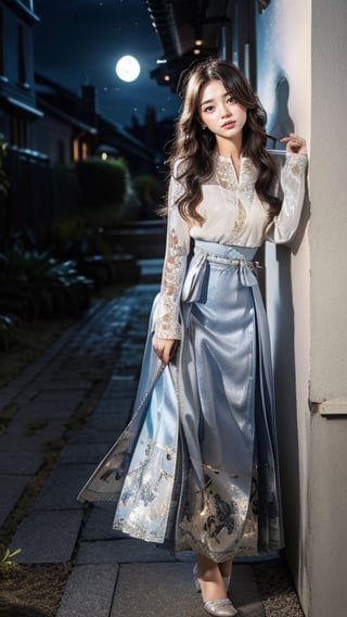 Best quality, masterpiece, photorealistic, ultra high res, 8K raw photo, 1girl, beautifull face, long hair, long lace dress, luxury dress, high heels, smiling, standing on flower field, in the night time, moonlight, full-body_portrait, detailed skin, pore, low angle, detailed background, dim lighting, finely detailed, 8k uhd, dslr, long skirt