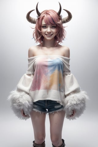 1girl, solo, looking at viewer, smile, short hair, simple background, shirt, red eyes, white background, standing, full body, pink hair, multicolored hair, boots, horns, shorts, teeth, off shoulder, colored skin, sharp teeth, monster girl, clothes writing,
High Quality, 8K Ultra HD, Photo Real, High Resolution, Ultra Detailed, Real Fingers, Masterpiece, Best Quality, Photo Real, Ultra Detailed, Fine, High Resolution, 8K Ultra HD, Sharp Focus, 