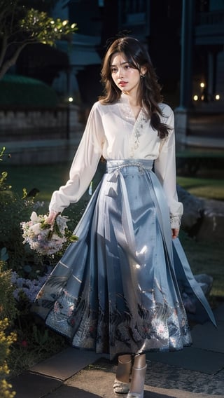 Best quality, masterpiece, photorealistic, ultra high res, 8K raw photo, 1girl, beautifull face, long hair, long lace dress, luxury dress, high heels, smiling, standing on flower field, in the night time, moonlight, full-body_portrait, detailed skin, pore, low angle, detailed background, dim lighting, finely detailed, 8k uhd, dslr, long skirt,1 girl 