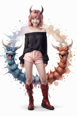 1girl, solo, looking at viewer, smile, short hair, simple background, shirt, red eyes, white background, standing, full body, pink hair, multicolored hair, boots, horns, shorts, teeth, off shoulder, colored skin, sharp teeth, monster girl, clothes writing,
