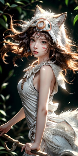 masterpiece,{{{best quality}}},(illustration)),{{{extremely detailed CG unity 8k ,Brilliant light,cinematic lighting,long_focus, cute and charming,  sexy body, shiny skin, girl, ghibli animation, princess mononoke costume,princessmononoke, (riding on the back of a giant snarling white ((wolf)):1.2),short brown hair:1.5, 1 girl, girl