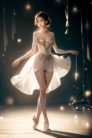 solo, An 18-year-old Korean girl wearing ballet costume (full body) dances alone in a dimly lit studio, her movements reflected in the soft spotlight. This scene highlights her dedication and artistic loneliness, echoing themes of personal growth in Iwai Shunji's work. The atmosphere of the scene is captured with a high graininess reminiscent of ISO 800 film. ,IU,1 girl