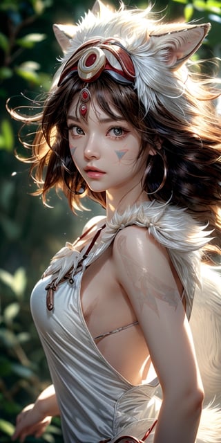 masterpiece,{{{best quality}}},(illustration)),{{{extremely detailed CG unity 8k ,Brilliant light,cinematic lighting,long_focus, cute and charming,  sexy body, shiny skin, girl, ghibli animation, princess mononoke costume,princessmononoke, (riding on the back of a giant snarling white ((wolf)):1.2),short brown hair:1.5, 1 girl, girl