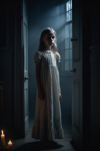 A photo realistic and haunting scene unfolds: a lone scared, young girl stands in the dark, eerie atmosphere of a darkened haunted house on a foggy night. Her tanslucent nightdress reveals her vulnerability amidst the shadows. The flickering candles cast an otherworldly glow, illuminating her terrified expression as she gazes terrified out the window, her cute features twisted in fear.score_9, score_8_up