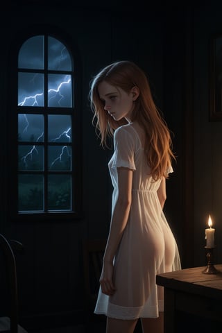 score_9, score_8_up, score_8, (solo), indoors, young girl,long hair,  see-through nightdress, cute, cel-shading, fca style, standing, night, candlelight, (too scared to sleep), sleepy, scary, (cowboy shot), side view, (looking back), score_7_up, lightning, storm, source_realistic, insaneres