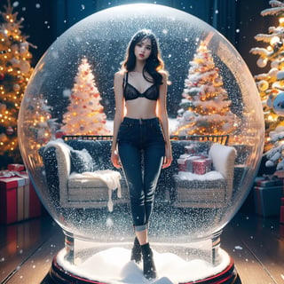  best quality, hight detailed, ultra realistic,  nature, Snow Globe, Christmas style, 1 girl standing inside the snow globe, a lingerie model, wears a 247 lingerie Deep-V bra, clear shoulder, Mikami Yua style, slim blue jeans, soft clothes, full body, slim_waist, blue jean, looking at viewer,