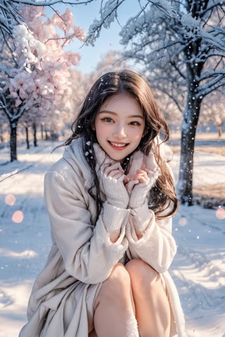 (Fujifilm), real photo, view shot,Winter style, snow falling, plum flowers blooming, A cute big eyes beautiful girl wearing fluffy pink and white fluffy coat and scarf, She smiled brightly and her eyes twinkled with kindness. Under her feet is a lush green flower and grass, as if she is a part of nature. Her laughter in the breeze adds a touch of childlike innocence to this beautiful scene. Please give her some more background or context so we can add more details ,perfect split lighting,ZGirl,Nature, flowers blooming fantastic and dreamy light romantic lighting bokeh background ,snow_scene_background,1 girl