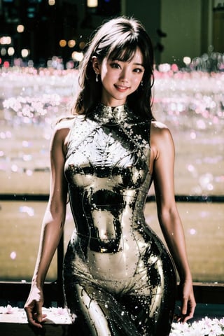 (Fujifilm), Real photo, a Japanese woman, 19 years old girl, Winter style, snow falling, plum flowers blooming, wearing a pink china cheongsam, smiling, the pink cherry blossom petals are flying all over the picture, clear and bright, super High quality, exquisite details, delicate and clear facial features, half body, clear waist,1 girl, Double exposure, Please give her some more background or context so we can add more details ,perfect split lighting,ZGirl,Nature, flowers blooming fantastic and dreamy light romantic lighting bokeh background,snow_scene_background,Hajime Sorayama,metallic effect