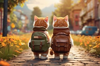 two cute kittens with backpacks are standing next to each other, in the style of daz3d, isaac cordal, studyblr, soft, romantic scenes, rinpa school, doug hyde, warm tones --v 6.0
        ,jinjianceng, cinematic moviemaker style