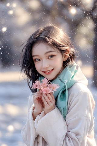 (Fujifilm), real photo, view shot,Winter style, snow falling, plum flowers blooming, A cute big eyes beautiful girl wearing fluffy pink and white fluffy coat and scarf, She smiled brightly and her eyes twinkled with kindness. Under her feet is a lush green flower and grass, as if she is a part of nature. Her laughter in the breeze adds a touch of childlike innocence to this beautiful scene. Please give her some more background or context so we can add more details ,perfect split lighting,ZGirl,Nature, flowers blooming fantastic and dreamy light romantic lighting bokeh background ,snow_scene_background,1 girl,better_hands,realhands