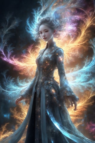 1girl, full body, clear waist, smile,   (masterpiece, top quality, best quality, official art, beautiful and aesthetic:1.2), (1man), extreme detailed,(abstract, fractal art:1.3),colorful hair,highest detailed, detailed_eyes, fire, water, ice, lightning, light_particles, ghost,glitter,Strong Backlit Particles,yeseo