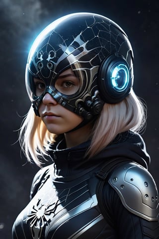 1girl, wearing the spider skull helmet, cinema 4k, cinematic, ethereal, magical, cosmic, half body, high resolution, 