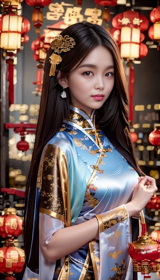 (masterpiece, top quality, best quality, official art, beautiful and aesthetic:1.2), hdr, high contrast, wideshot, 1girl, long straight black hair with blunt bangs, looking at viewer, light smile, clearly brown eyes, longfade eyebrow, soft make up, ombre lips, hourglass body, large breast, (chinese new year theme:1.5), finger detailed, background detailed, ambient lighting, extreme detailed, cinematic shot, realistic ilustration, (soothing tones:1.3), (hyperdetailed:1.2),HongKong