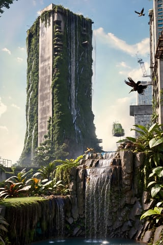 post apocalypse Urban tropical jungle, destroyed and broken buildings and skyscapers leaning at funny angles,, covered in foliage and moss, viewed from the pool below, very low angle camera,  depth of field, fishes eye POV, close up view, highly detailed textures on the foliage and objects in the foreground, , a clear stream leading to a high cascading waterfall, the waterfall is dropping down in to a clear pool at the bottom full of precious jewels. (bird in exquisite detail is catching a fish in the pool). Super Ultra HIgh Resultion highly detailed photo. macro lense, cinematic HDR, tall trees, butteflies, frogs, (flying birds in fine detail), foliage, grass, stream, pool, reflecting the sky,  , ,aw0k euphoric style,zoya,galaxy00,glitter,shiny,ice and water,ice,water,water ring,Digital painting, bird 