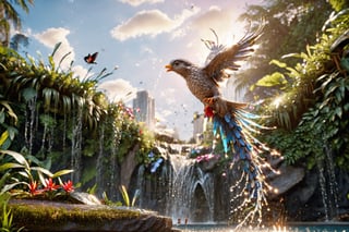 tropical jungle, viewed from the pool below, very low angle camera,  depth of field, fishes eye POV, close up view, highly detailed textures on the foliage and objects in the foreground, , a clear stream leading to a high cascading waterfall, the waterfall is dropping down in to a clear pool at the bottom full of precious jewels. (bird in exquisite detail is catching a fish in the pool). Ultra HIgh Resultion highly detailed photo. macro lense, cinematic HDR, tall trees, butteflies, frogs, (flying birds in fine detail), foliage, grass, stream, pool, reflecting the sky,  , ,aw0k euphoric style,zoya,galaxy00,glitter,shiny,ice and water,ice,water,water ring,Digital painting, bird 