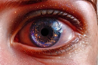 A cluster of galaxies reflected in the close up of the iris of a human eye. Ultra HIgh Resultion highly detailed photo. macro lense, cinematic HDR, aw0k euphoric style, ,aw0k euphoric style,zoya,galaxy00,glitter