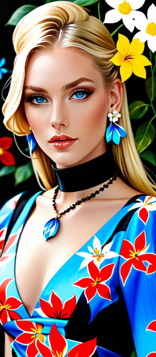 Generate hyper realistic image of a woman with long blonde hair adorned with a delicate hair flower. Her piercing blue eyes gaze directly at the viewer, accentuated by elegant earrings and a subtle choker. She wears a floral-print dress, complemented by exquisite jewelry that includes a necklace and a black choker. With closed lips, she exudes an air of grace and poise, framed by a background adorned with blooming flowers.sexysarah5348437