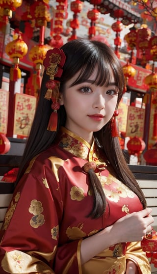 (masterpiece, top quality, best quality, official art, beautiful and aesthetic:1.2), hdr, high contrast, wideshot, 1chinese girl, long straight black hair with blunt bangs, looking at viewer, light smile, clearly brown eyes, longfade eyebrow, soft make up, ombre lips, hourglass body, large breast, (chinese new year theme:1.5), finger detailed, background detailed, ambient lighting, extreme detailed, cinematic shot, realistic ilustration, (soothing tones:1.3), (hyperdetailed:1.2),nanase_nishino,asuka_saito,satsukiena