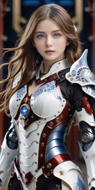 beautiful Anime girl with blue eyes and wavy long hair, front_view, masterpiece, best quality, photorealistic, raw photo, (1girl, looking at viewer), long hair, mechanical white armor, intricate armor, delicate blue filigree, intricate filigree, red metalic parts, detailed part, dynamic pose, detailed background, dynamic lighting,robot,LinkGirl,Insta Model,sexylala49407520