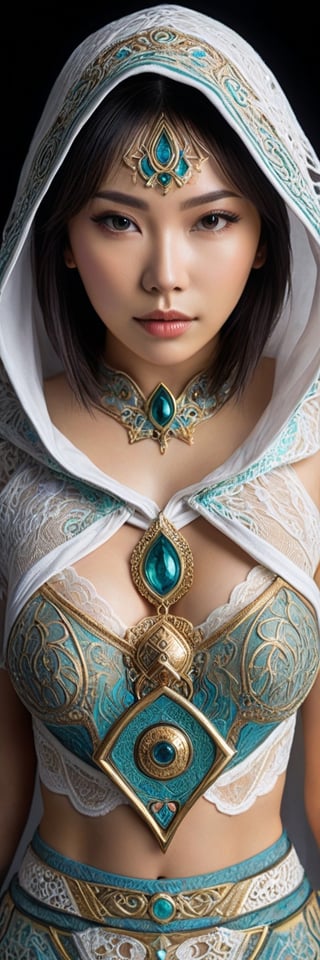 Full facial mask on a hooded female magician warrior adorned with asymmetric designs,closeup portrait, macro photo of miki asai, interwoven arcane and illuminati symbols including Eye of Horus, vibrant hues, hyperdetailed, elaborate craftsmanship, mysterious aura, digital painting, digital illustration, extreme detail, 4k, ultra HD.lace, see-through, (nsfw), ,Eimi