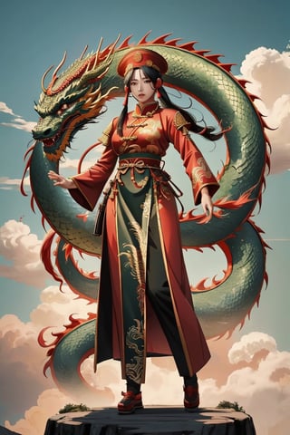 dragon-themed, dragon scale, mesmerizing Chinese military general Guan Yu, detailed full body woman dressed, comic style, complex background, chinese element, cloud