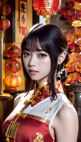 (masterpiece, top quality, best quality, official art, beautiful and aesthetic:1.2), hdr, high contrast, wideshot, 1chinese girl, long straight black hair with blunt bangs, looking at viewer, light smile, clearly brown eyes, longfade eyebrow, soft make up, ombre lips, hourglass body, large breast, (chinese new year theme:1.5), finger detailed, background detailed, ambient lighting, extreme detailed, cinematic shot, realistic ilustration, (soothing tones:1.3), (hyperdetailed:1.2),nanase_nishino