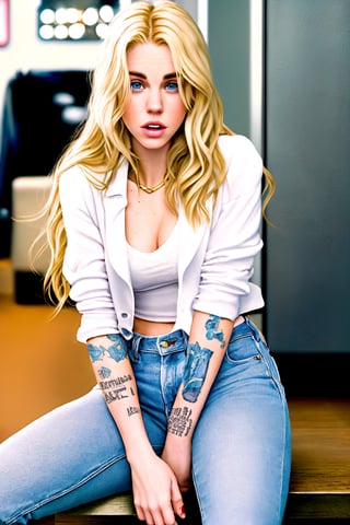 Justin Bieber as a beautiful cute young attractive  girl,
    girl, 20 years old, beautiful, Instagram model,
   Village girl wearing long blonde hair, sexy look,  jeans, high heels 