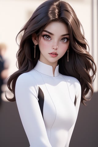masterpiece, best quality, highres, (photorealistic:1.3), (depth of field:1.8), detailed beautiful face, ((1 woman)), thigh gap (20-year- old brunette beautiful slender petite woman supermodel), (wide jaw sharp jawline), (long wavy thick brunette hair), (perfect oval large eyes that gazes at the viewer), beautiful detailed face, hazel eyes, (attractive adult woman:1.3), (thick amazing hair), (seductive:1.1)), sexy white outfit, revealing outfit, body hugging, athletic, toned body,realhands,manyhand,beautyniji