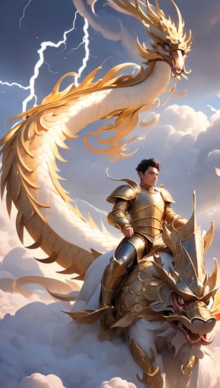 short black hair, thick eyebrows, soft, a golden dragon, mythology, medieval, fantasy, young, Asian men, masculine, manly, dark fantasy, high fantasy, gold armor, defined jawline, red eyes, handsome male, facing in front, photorealistic, 8k, cinematic lighting, very dramatic, soft aesthetic, innocent, ((A man wearing golden metal plate armor walks on a golden dragon against a background surrounded by clouds)), (Lightning twines around),