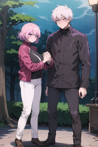 2people,(full_body),masterpiecehigh quality,extremely_detailed,best quality,1man_(satoru_gojo),tall_180cm_gloomy_grandblue_eyes,white_skin,grim,white_hair,coat,black_pants,clothing_cutout,
[1man_holding one hands with_1girl],
(lucid)_pink_short_hair,tall_160cm,(pink_eyes_(seductive_smile:0.3),girl_blush,huge_tits_wearing_Casual Wear),P