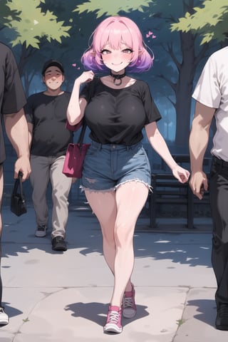 (full_body:1.5) ,(((focus_1girl,))),smile:0.1,blush:0.1,shushing,cute,((lucid:1)),pink_hair,beautiful_face,160cm,(huge_breasts,huge_tits, fat_thighs:0.6),Casual_Wear,in park,dating_with_(white_hair_man),walking