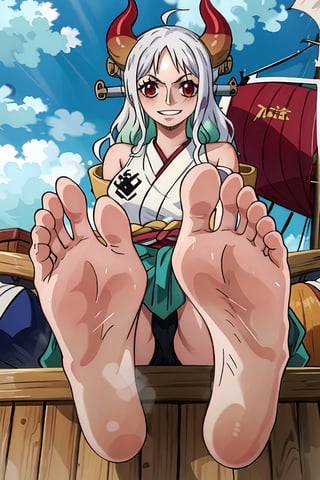 yamato one piece, large breasts, laughing big smile, sleeveless white kimono, curled horns, sideboobs, yamato \(one piece \), multicolored hair, YamatoV2, white hair, yamato, One piece style, green hair, oni horn, oni horn ,colored horn,long hair,red eyes, drinking alcohol out of Japanese gourd bottle:1.5, sitting on a pirate ship, drunk:1.4, barefoot, feet, toes, soles, foreshortening, showing off her soles to the viewer:1.5, soles in viewers face, extremely happy expression, light blushing because she is so drunk, drunk very happy expressive eyes, fetish pose, barefoot, feet, toes, soles, close-up, foot focus, feet focus, feet soles extremely close up in focus:1.4, bare soles, very wrinkled soles, realistically textured soles, wanostyle, vibrant colors, full color, feet in viewers face extremely close, details, from below, soles in viewers face so close we can smell them, very drunk