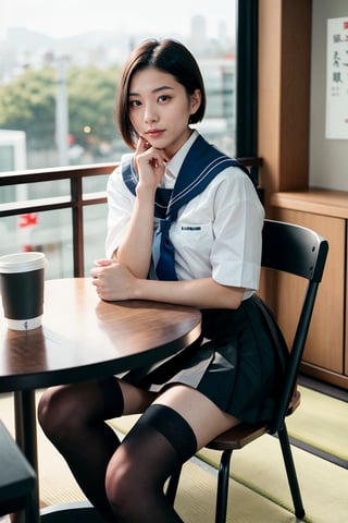 1 girl , taiwanese,  25_years old ,Asia, senior hight school, D cup, {{short_hair the ends are cut around chin length}}, Sailor suit uniform, skirt, {{4K_quality}}, ((japanese_JK_uniform)), Extremely Realistic, smaller head,studentofMisery, Fujifilm_camera , Aperture _F1.4, XF56mmF1.4 ,full-body shot, Bokeh, IG: iwakura shiori, stockings,canvas shoes, seat on the chair, {{window next to starbucks}}, Backlight, sideways ,{{ silhouette}}, indoor only sun light,time is 3P.M.,  turning head to look like a camera, No light indoors, light only form windows,Hands on the table, one hand resting on the chin, coffee cup on the table, film_style, cross her legs, Zettai Ryōiki