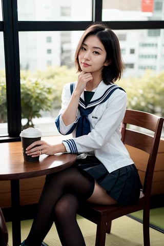 1 girl , taiwanese,  25_years old ,Asia, senior hight school, D cup, {{short_hair the ends are cut around chin length}}, Sailor suit uniform, skirt, {{4K_quality}}, ((japanese_JK_uniform)), Extremely Realistic, smaller head,studentofMisery, Fujifilm_camera , Aperture _F1.4, XF56mmF1.4 ,full-body shot, Bokeh, IG: iwakura shiori, stockings,canvas shoes, seat on the chair, {{window next to starbucks}}, Backlight, sideways ,{{ silhouette}}, indoor only sun light,time is 3P.M.,  turning head to look like a camera, No light indoors, light only form windows,Hands on the table, one hand resting on the chin, coffee cup on the table, film_style, cross her legs, Zettai Ryōiki