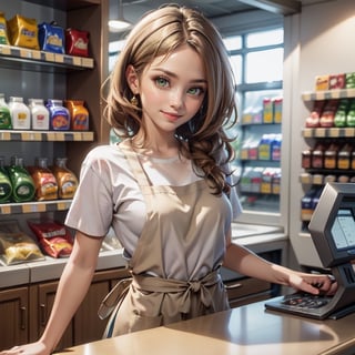 solo, smile, brown hair, shirt, 1girl, closed mouth, white shirt, short sleeves,  indoors, blurry, apron, watch, realistic, shop, counter, convenience store. Model working as a cashier at a convenience store.