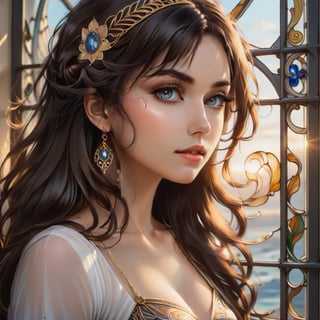 A beautiful young woman, adorned with flowing Art Nouveau-inspired curls and delicate jewelry, gazes wistfully out of a large, ornate window frame, her eyes lost in thought as she takes in the scenery beyond the paned glass, set against a warm, golden light that casts a gentle glow on her serene face, all within a waist-up composition.