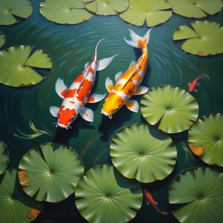 Two majestic koi fish swim beneath the vibrant green pads of a lush water lily, their scales glistening in the warm sunlight that ripples across the pond's surface, creating a subtle sense of depth and dimensionality. The surrounding plants are immaculately rendered, with delicate details and realistic textures.