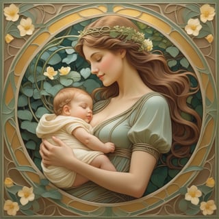A whimsical Art Nouveau scene: A gentle mother cradles her infant in a flowing, organic-shaped wicker basket amidst lush foliage. Soft, golden light filters through the leafy canopy above, casting dappled shadows on their serene faces. Delicate, sinuous lines of vines and flowers wrap around them, blending seamlessly with the natural setting. The mother's soft gaze and tender touch convey warmth and protection as she gazes lovingly at her tiny, innocent child.